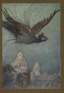 Deska 10: "Obludný pták zjevně vychází z paláce", z Lidových příběhů Bengálska ... S 32 barevnými ilustracemi od Warwicka Goblea (Edice de luxe.) 1914 (barevné litho) od Warwick Goble