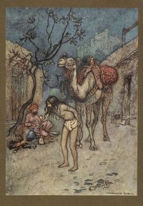Talíř 16: "Velbloud vystoupil, na místě velblouda přivázal ke stromu a začal kouřit."  Folk-Tales of Bengal ... S 32 barevnými ilustracemi od Warwicka Goblea. (Luxusní vydání.).  1914