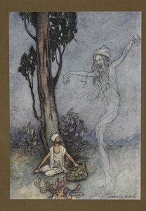 Talíř 26: "Nyní holič, zničím tě. Kdo tě ochrání?", z Lidových příběhů Bengálska... S 32 barevnými ilustracemi od Warwicka Gobleho (Edice de luxe.)