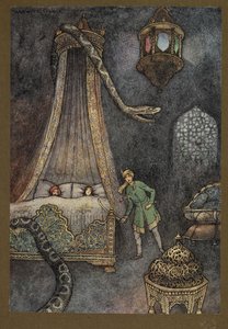 Deska 3: "Vyběhl ze svého úkrytu a zabil hada", z Lidových příběhů Bengálska... S 32 barevnými ilustracemi od Warwicka Gobleho. (luxusní edice) od Warwick Goble