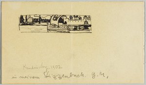 Říční krajina s lodí a opevněné město od Wassily Kandinsky
