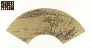 Krajina s jezerem a třemi čluny, 16. století (inkoust na zlatém papíře připevněný k desce) od Wen Zhengming