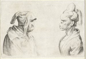 Deformované hlavy muže s poddajným kloboukem a ženy se svázanými vlasy Varie figurae et probae (název série) Karikatury, hlavy a deformace po Leonardu da Vinci (název série) od Wenceslaus Hollar (attributed to)