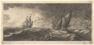 Jachta a tři válečné lodě v bouři, 1665. od Wenceslaus Hollar