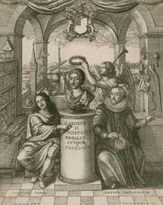 Busta Karla II. s lordem Brounckerem (vlevo), prvním prezidentem Královské společnosti, a Francisem Baconem (vpravo) od Wenceslaus Hollar