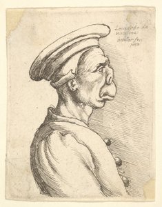 Busta muže s plochým nosem a vyčnívajícími ústy, v ploché čepici a zapnutém kabátě v..., 1660. od Wenceslaus Hollar