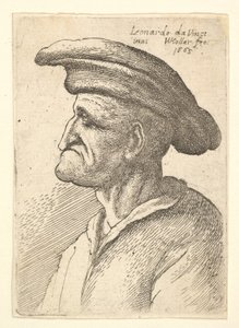 Busta staršího muže s nosem, který se dotýkal jeho spodního rtu, na sobě širokou plochou čepici z profilu t..., 1665. od Wenceslaus Hollar