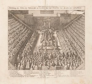 Znázornění zasedání parlamentu v Londýně o rozsudku hraběte ze Staffordu, cca 1642. od Wenceslaus Hollar