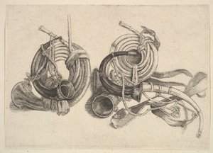 Pět loveckých rohů, 1625-77. od Wenceslaus Hollar
