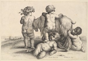 Čtyři chlapci, mladý satyr a koza, 1647. od Wenceslaus Hollar