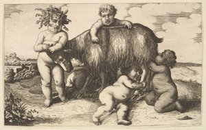 Čtyři chlapci, mladý satyr a kopie kozy v opačném směru, 17. století. od Wenceslaus Hollar
