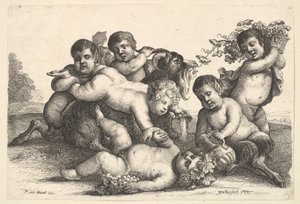 Čtyři chlapci, dva satyrové a koza, 1654. od Wenceslaus Hollar