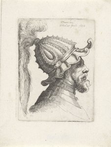 Hlava muže s opeřenou helmou Vydejte se s helmami do Parmigianina (název série) od Wenceslaus Hollar