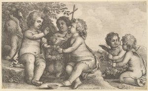 Ježíš, sv. Jan Křtitel a čtyři cherubové, 1625-77. od Wenceslaus Hollar