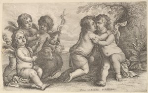 Ježíš a sv. Jan objímající se, s cherubíny, 1646. od Wenceslaus Hollar