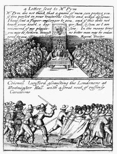 John Pym četl dopis v Dolní sněmovně; Plukovník Thomas Lunsford a jeho vojáci útočící na Londýňany od Wenceslaus Hollar