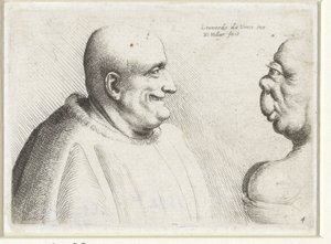 Hlavy velkého holohlavého muže a groteskní ženy Varie figurae et probae (název série) Karikatury, hlavy a deformace po Leonardu da Vinci (název série) od Wenceslaus Hollar