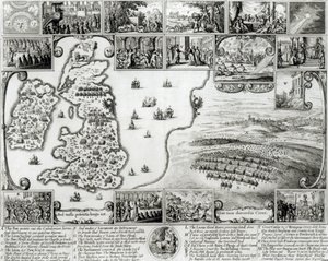 Mapa Anglie za občanské války a pohled na Prahu, 1632