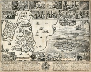 Mapa Britských ostrovů a ilustrace historických událostí 17. století, c1659 od Wenceslaus Hollar