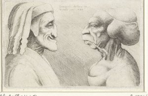 Deformované karikaturní hlavy muže s kloboukem (Dante?) a ženy Varie figurae et probae (název série) Karikatury, hlavy a deformace po Leonardu da Vinci (název série) od Wenceslaus Hollar