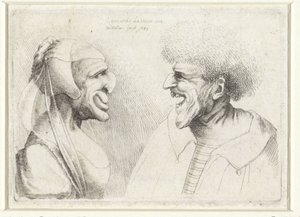 Deformované hlavy usměvavého muže a ženy s čepicí Varie figurae et probae (název série) Karikatury, hlavy a deformace po Leonardu da Vinci (název série) od Wenceslaus Hollar