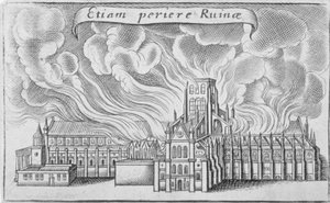 Stará katedrála svatého Pavla hořící při velkém požáru Londýna, 1666 od Wenceslaus Hollar