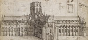 Stará katedrála svatého Pavla ze severovýchodu (pero a hnědý inkoust a šedý omyvatelný grafit, naříznuté a přetřené pro přenos) od Wenceslaus Hollar