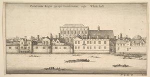 Královský palác poblíž Londýna, běžně známý jako White-hall Royal Palace of Whitehall, Londýn, ca. 1647 od Wenceslaus Hollar