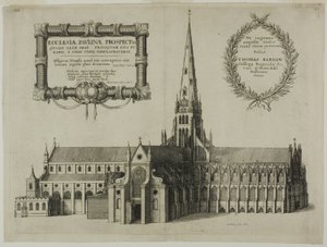 Kostel svatého Pavla od jihu s věží od Wenceslaus Hollar