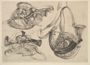 Sedm loveckých rohů ve třech skupinách, 1625-77. od Wenceslaus Hollar