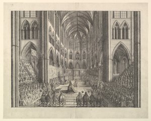 Korunovace krále Karla II. ve Westminsterském opatství, 23. dubna 1661 (z knihy "The Entertainment of...Charles II" Johna Ogilbyho, Londýn, 1662) od Wenceslaus Hollar