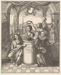 Královská společnost, frontispis Thomase Sprata, Historie královské společnosti v Londýně..., 1667. od Wenceslaus Hollar