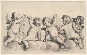 Tři cherubové a dva chlapci na oblacích, 1620-77. od Wenceslaus Hollar