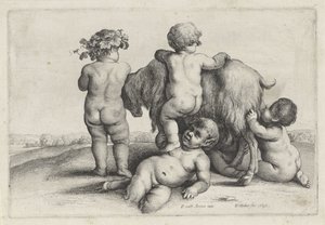 Čtyři chlapci, satyr a koza Putti a Satyrs (název série) od Wenceslaus Hollar