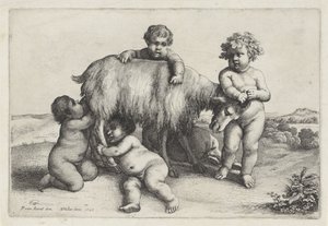 Čtyři chlapci, satyr a koza stojící vpravo Putti a Satyrs (název série) od Wenceslaus Hollar