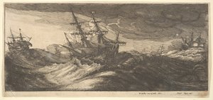 Válečná loď a tryskající velryba, 1665. od Wenceslaus Hollar