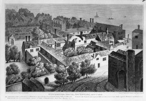 Winchester House, Southwark asi v roce 1649, publikoval v roce 1812 od Wenceslaus Hollar