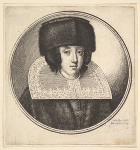 Žena s tuhým krajkovým límcem a kožešinovým kloboukem s plochou korunkou, 1645. od Wenceslaus Hollar