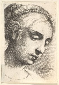 Žena se šňůrou perel ve vlasech při pohledu dolů doprava, 1645. od Wenceslaus Hollar
