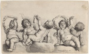 Tři cherubové a dva chlapci zvednou jednu paži na oblacích od Wenceslaus Hollar, after Peeter van Avont