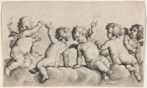 Tři cherubové a dva chlapci na oblacích od Wenceslaus Hollar, after Peeter van Avont