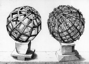 Perspektivní ilustrace, dvě koule, rytina z Perspectiva Corporum Regularium, Wentzel Jamnitzer (1508-1585), Norimberk od Wenzel I Jamnitzer