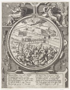 Bourseovy jednotky vyhánějí německé vojáky Treslong a Merville z citadely, 1577 Medailony s dobytím citadely v Antverpách v roce 1577 (název série) od Wierix