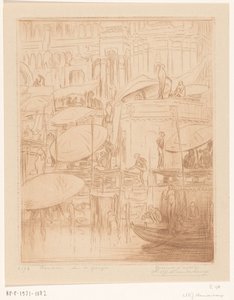 Muži a ženy se koupou a modlí na březích Gangy v Benares Koupání a modlitba (původní název) Na Ganze (název na objektu) od Wijnand Otto Jan Nieuwenkamp (signed by artist)