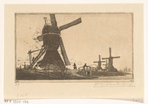 Wipmolens na Vlistu mezi Haastrechtem a Schoonhovenem Vodní mlýny u Goudy (původní název) od Wijnand Otto Jan Nieuwenkamp (signed by artist)