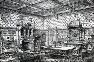 Návrh gotické jídelny, publikovaný v časopise The House-Furnisher & Decorator, 1. září 1872. od Wilberforce Haddon