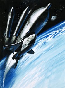 Raketoplán v okamžiku, kdy se zbavuje dvou raketových motorů od Wilf (20th century) Hardy