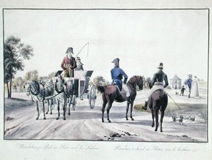 Jízda v parku Prater, Vídeň, ryl Adam von Bartsch (1757-1821) 1804 (barevná rytina) od Wilhelm Alexander (after) Kobell