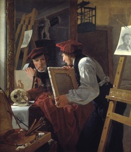 Mladý umělec (Ditlev Blunck) zkoumá náčrt v zrcadle