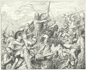 Arnulf z Korutan útočí na normanskou obranu na řece Dyle, 891 (rytina)